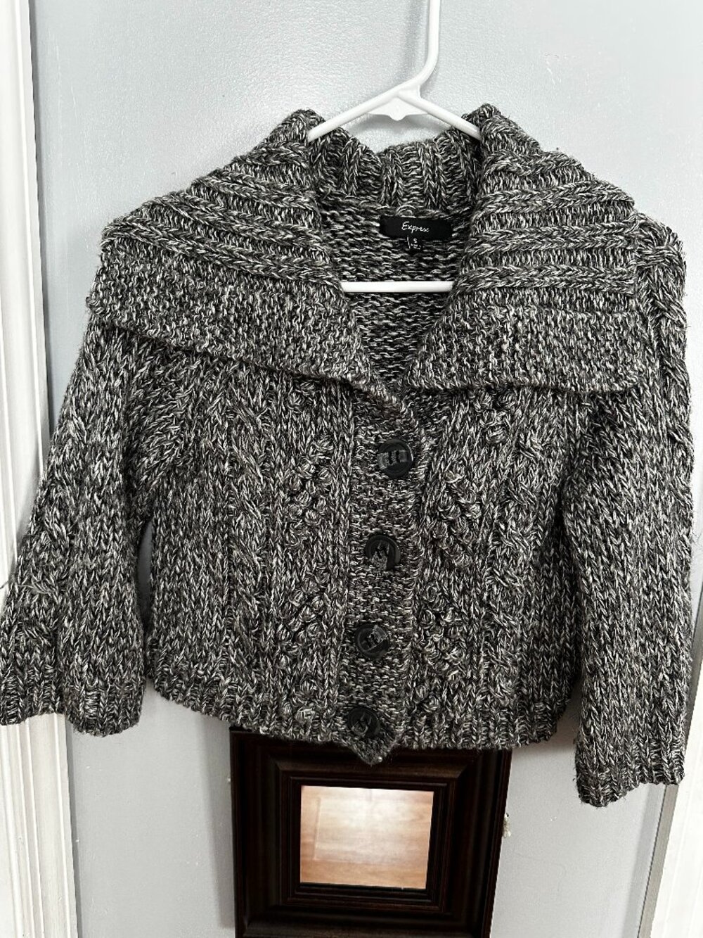 Express Knit Cropped Cardigan Wide Collar Gray and Black Sm